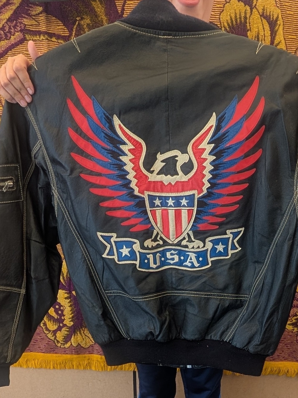 Black Leather Bomber Jacket with USA Eagle Patch